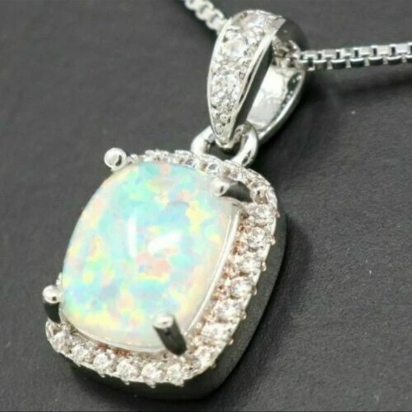 3Ct Cushion Cut Fire Opal Diamond Halo Pendant 18" Necklace Sterling Silver - Picture 10 of 10